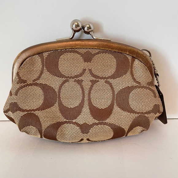 Coach Signature Canvas Bronze Leather Kisslock Pouch - Picture 2 of 8